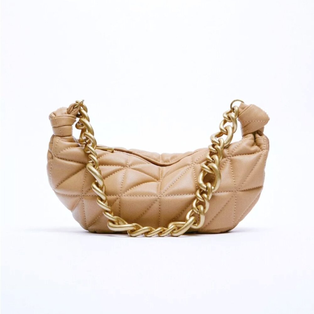 Zara Quilted Leather Bag With Chain Tan